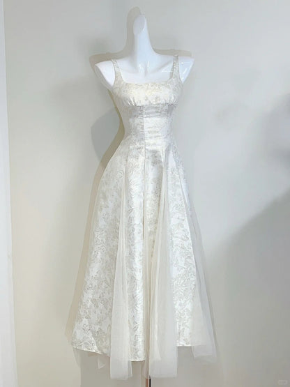 Retro Palace Ivory A-line Square Neck Strap Jacquard Tulle Prom Dress Evening Dress P4071