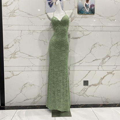 Elegant Avocado Green Halter V-Neck Mermaid Sequin Lace Long Prom Dress Evening Dress P4710