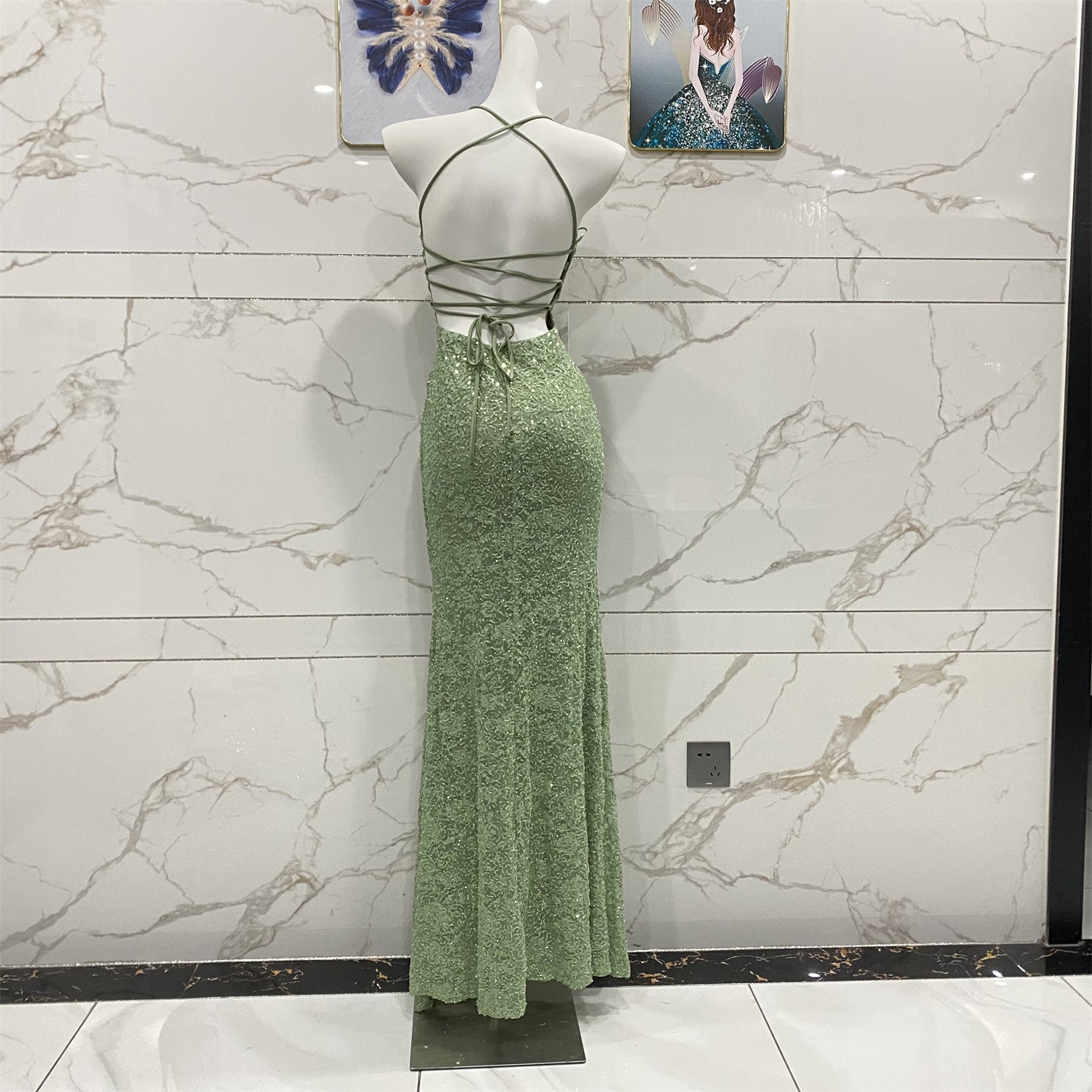 Elegant Avocado Green Halter V-Neck Mermaid Sequin Lace Long Prom Dress Evening Dress P4710