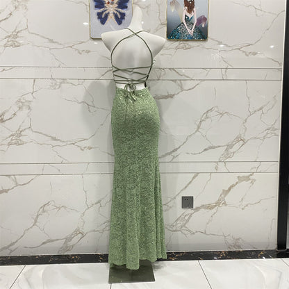 Elegant Avocado Green Halter V-Neck Mermaid Sequin Lace Long Prom Dress Evening Dress P4710