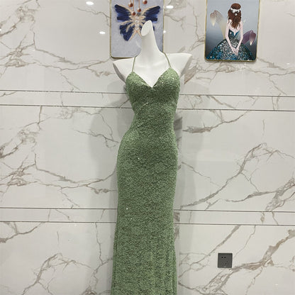 Elegant Avocado Green Halter V-Neck Mermaid Sequin Lace Long Prom Dress Evening Dress P4710