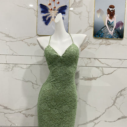 Elegant Avocado Green Halter V-Neck Mermaid Sequin Lace Long Prom Dress Evening Dress P4710