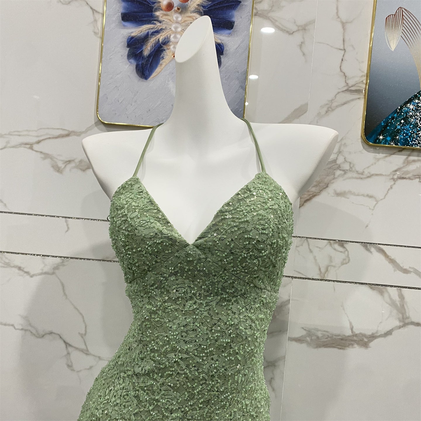 Elegant Avocado Green Halter V-Neck Mermaid Sequin Lace Long Prom Dress Evening Dress P4710
