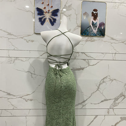 Elegant Avocado Green Halter V-Neck Mermaid Sequin Lace Long Prom Dress Evening Dress P4710