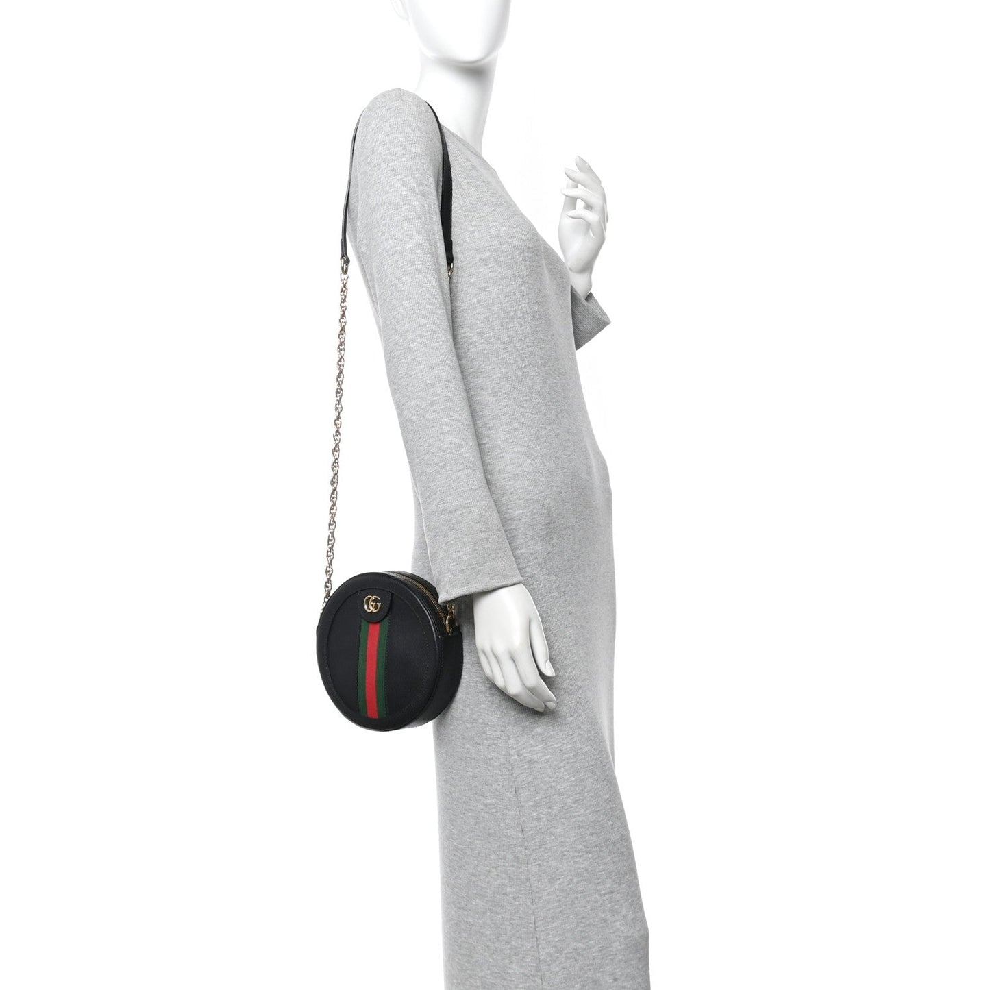 Grained Calfskin Web Mini Ophidia Round Shoulder Bag Black