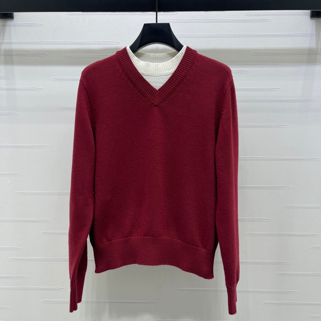 CC 26s Crew Neck Color-Blocked Faux Two-Piece Sweater Red Cashemere 344152
