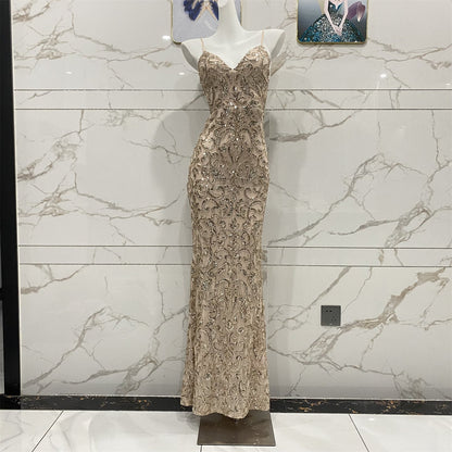 Vintage Champagne Gold Spaghetti Strap V-Neck Mermaid Sequin Long Prom Dress Evening Dress P4711