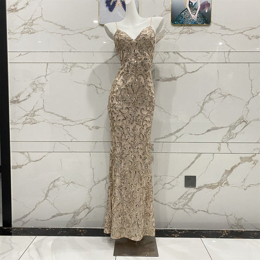 Vintage Champagne Gold Spaghetti Strap V-Neck Mermaid Sequin Long Prom Dress Evening Dress P4711