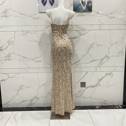 Vintage Champagne Gold Spaghetti Strap V-Neck Mermaid Sequin Long Prom Dress Evening Dress P4711