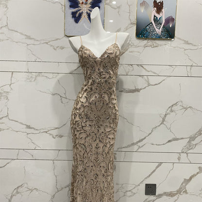 Vintage Champagne Gold Spaghetti Strap V-Neck Mermaid Sequin Long Prom Dress Evening Dress P4711