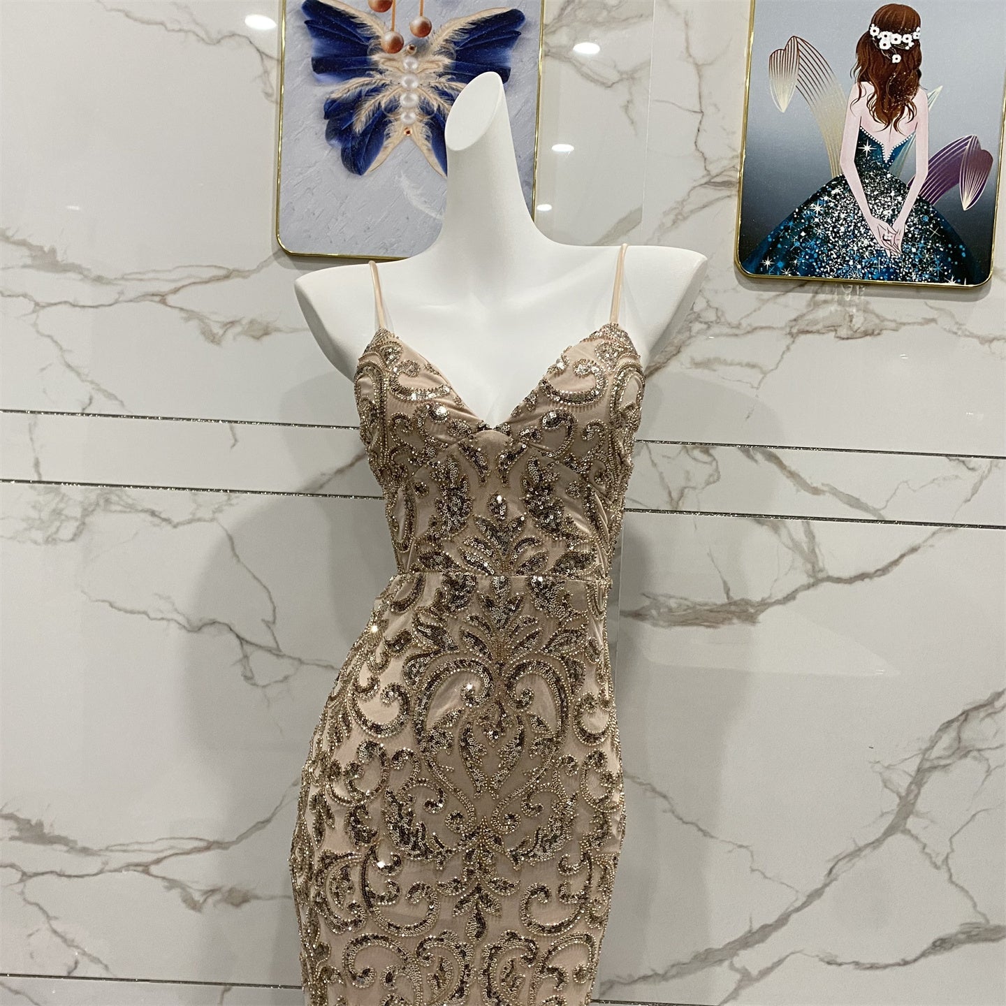 Vintage Champagne Gold Spaghetti Strap V-Neck Mermaid Sequin Long Prom Dress Evening Dress P4711