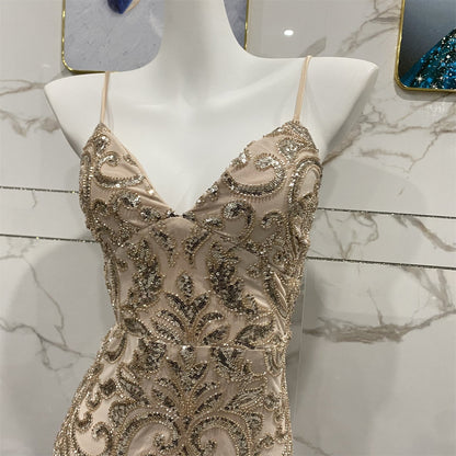 Vintage Champagne Gold Spaghetti Strap V-Neck Mermaid Sequin Long Prom Dress Evening Dress P4711