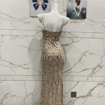 Vintage Champagne Gold Spaghetti Strap V-Neck Mermaid Sequin Long Prom Dress Evening Dress P4711