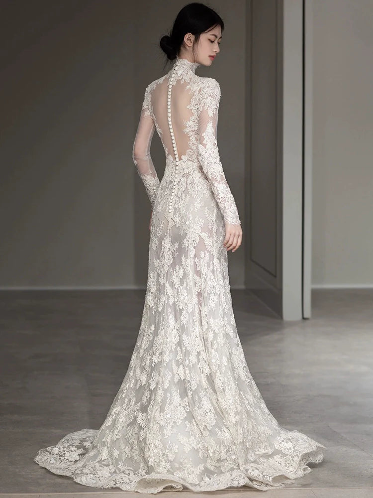Long Sleeves Lace High Neck Wedding Dresses Long Bridal Gown      S7208