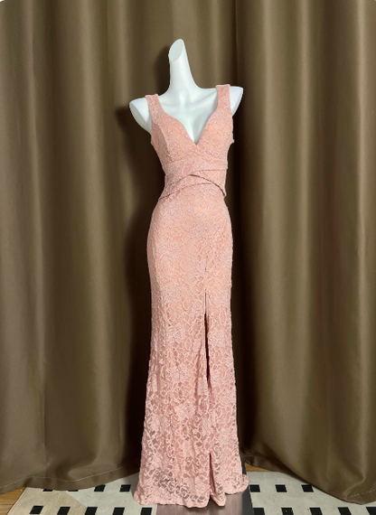 Elegant Pink Deep V-Neck Mermaid Lace Split Long Prom Dress Evening Dress P4713