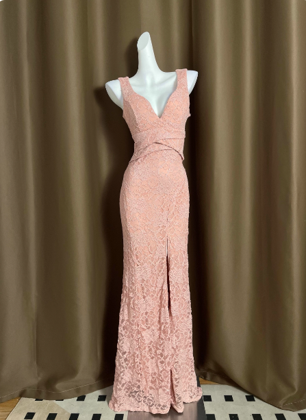Elegant Pink Deep V-Neck Mermaid Lace Split Long Prom Dress Evening Dress P4713