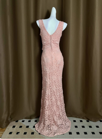 Elegant Pink Deep V-Neck Mermaid Lace Split Long Prom Dress Evening Dress P4713