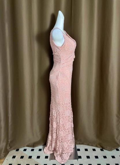 Elegant Pink Deep V-Neck Mermaid Lace Split Long Prom Dress Evening Dress P4713