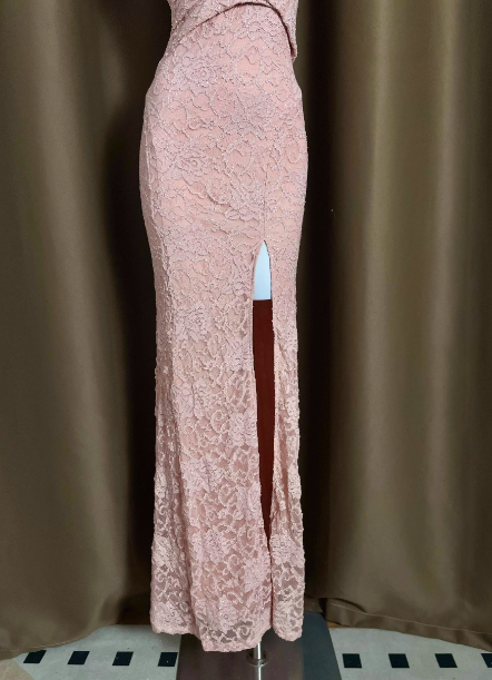 Elegant Pink Deep V-Neck Mermaid Lace Split Long Prom Dress Evening Dress P4713
