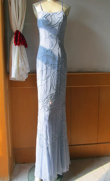 Elegant Misty Blue Spaghetti Strap Square Neck Mermaid Beaded Chiffon Long Prom Dress Evening Dress P4714