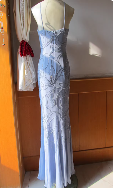 Elegant Misty Blue Spaghetti Strap Square Neck Mermaid Beaded Chiffon Long Prom Dress Evening Dress P4714