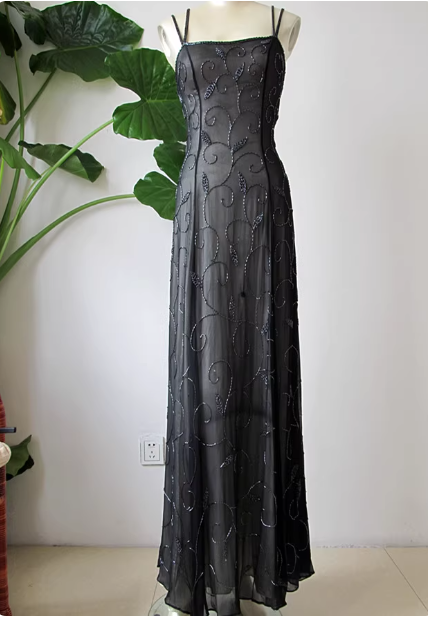 Vintage Black Spaghetti Strap Square Neck Cross-Back Beaded Chiffon Long Prom Dress Evening Dress P4715