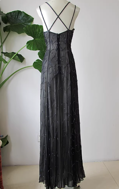 Vintage Black Spaghetti Strap Square Neck Cross-Back Beaded Chiffon Long Prom Dress Evening Dress P4715