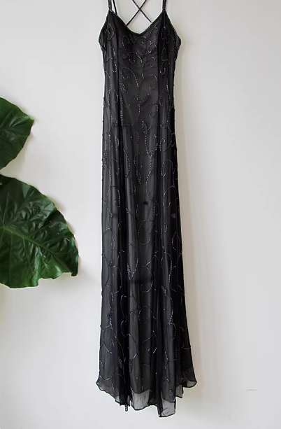 Vintage Black Spaghetti Strap Square Neck Cross-Back Beaded Chiffon Long Prom Dress Evening Dress P4715