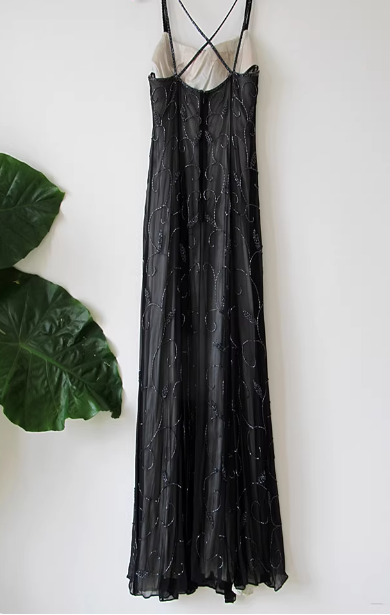 Vintage Black Spaghetti Strap Square Neck Cross-Back Beaded Chiffon Long Prom Dress Evening Dress P4715