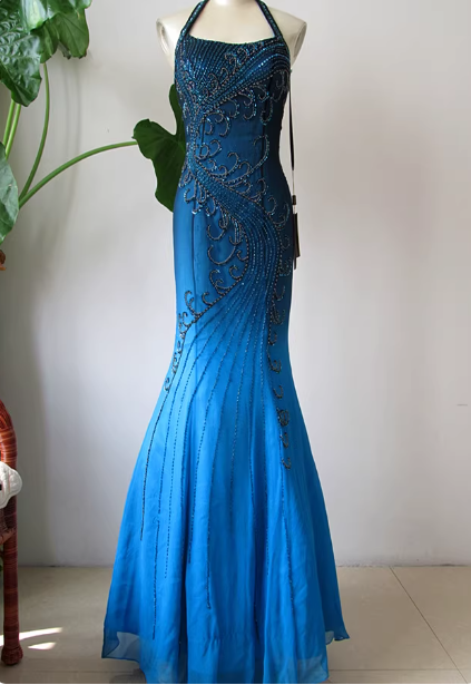 Vintage Gradient Blue Halter Mermaid Beaded Chiffon Long Prom Dress Evening Dress P4716