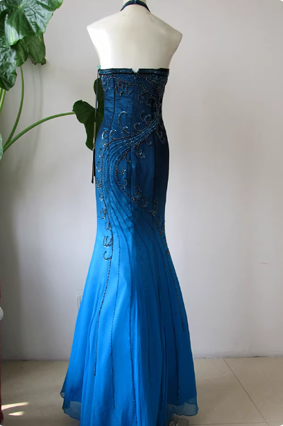 Vintage Gradient Blue Halter Mermaid Beaded Chiffon Long Prom Dress Evening Dress P4716
