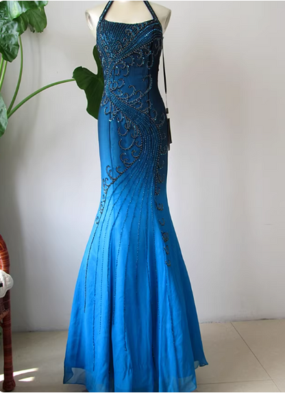 Vintage Gradient Blue Halter Mermaid Beaded Chiffon Long Prom Dress Evening Dress P4716