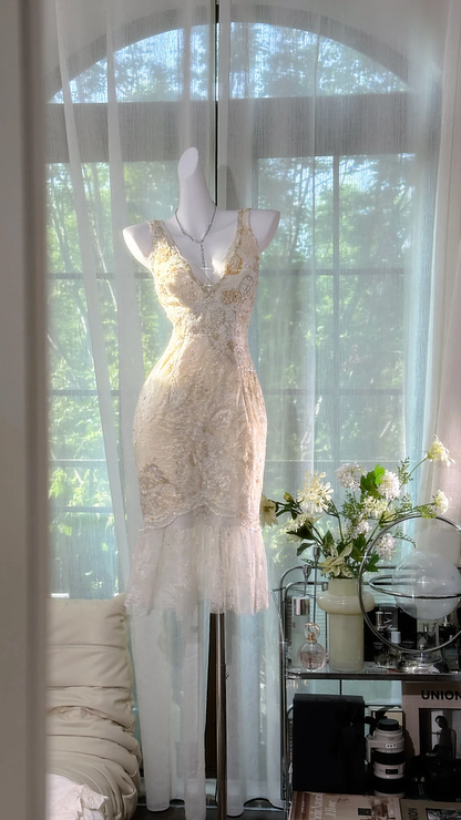 Vintage Ivory Lace Homecoming Dress Shiny Sequin V-neck Sheath Party Dress Cocktail Dress TP4553