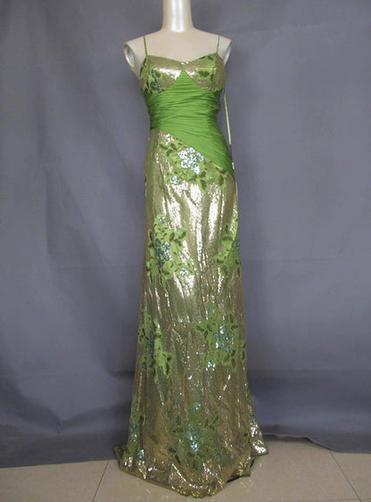 Vintage Avocado Green Gold Sequin Spaghetti Strap Pleated Long Prom Dress Evening Dress P4717