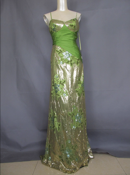 Vintage Avocado Green Gold Sequin Spaghetti Strap Pleated Long Prom Dress Evening Dress P4717