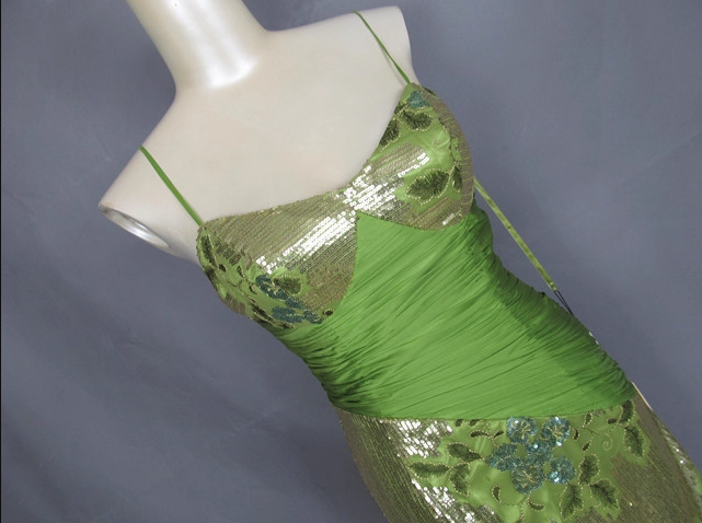 Vintage Avocado Green Gold Sequin Spaghetti Strap Pleated Long Prom Dress Evening Dress P4717