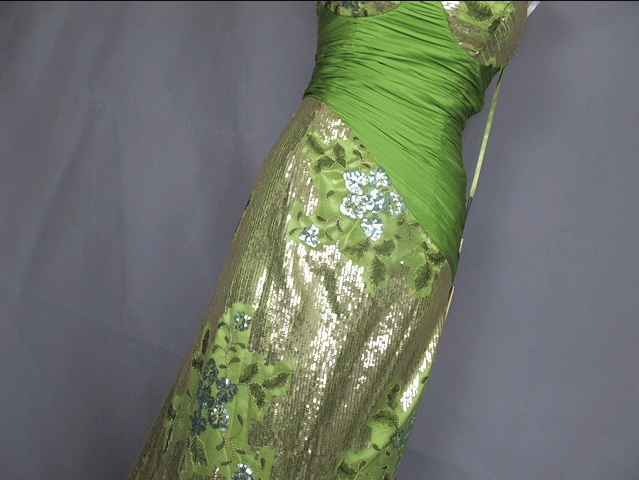 Vintage Avocado Green Gold Sequin Spaghetti Strap Pleated Long Prom Dress Evening Dress P4717