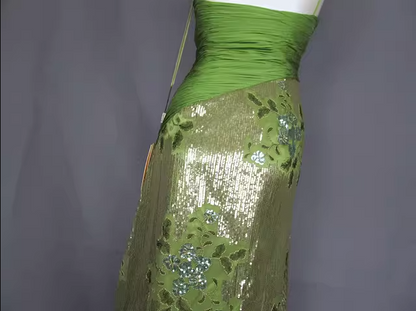Vintage Avocado Green Gold Sequin Spaghetti Strap Pleated Long Prom Dress Evening Dress P4717