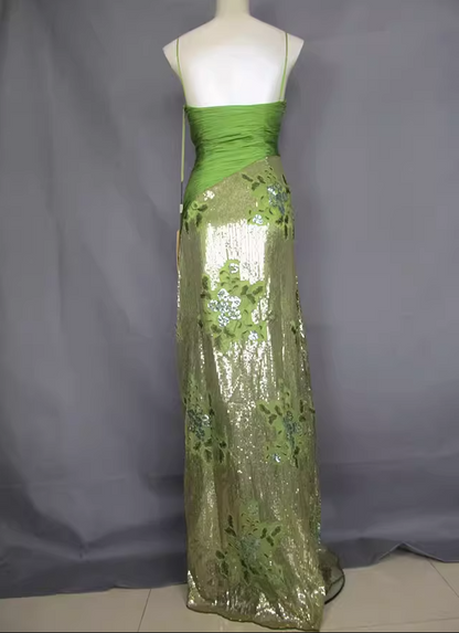 Vintage Avocado Green Gold Sequin Spaghetti Strap Pleated Long Prom Dress Evening Dress P4717