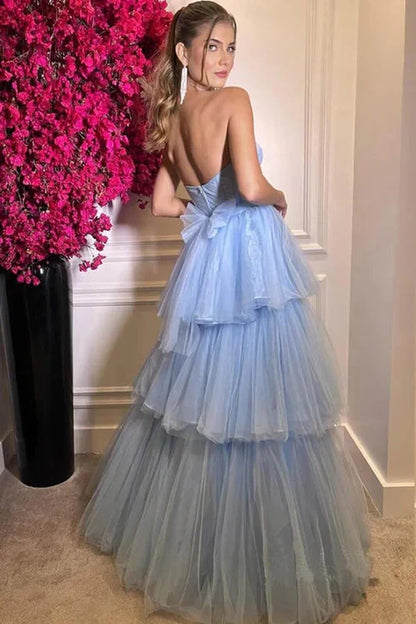 omberprom Elegant A-line Evening Dress Tiered Ruffled Long Tulle Prom Dress