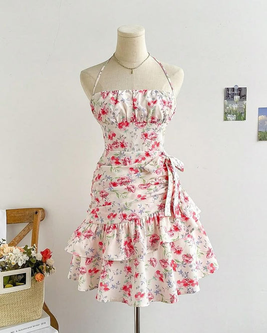 White retro floral floral suspenders waist slim short skirt homecoming dress R3117