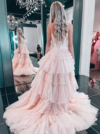 PM501,Soft Pink A-Line Ruffles Tulle Prom Evening Dresses, V-Neck Formal Gown