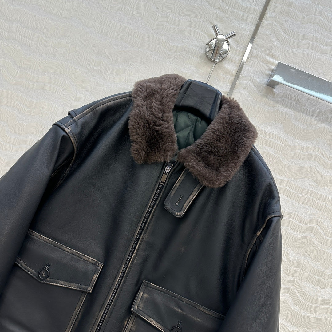 The Row Teddy Lamb Fur Collar Cowhide Down Jacket Black and Brown 304583