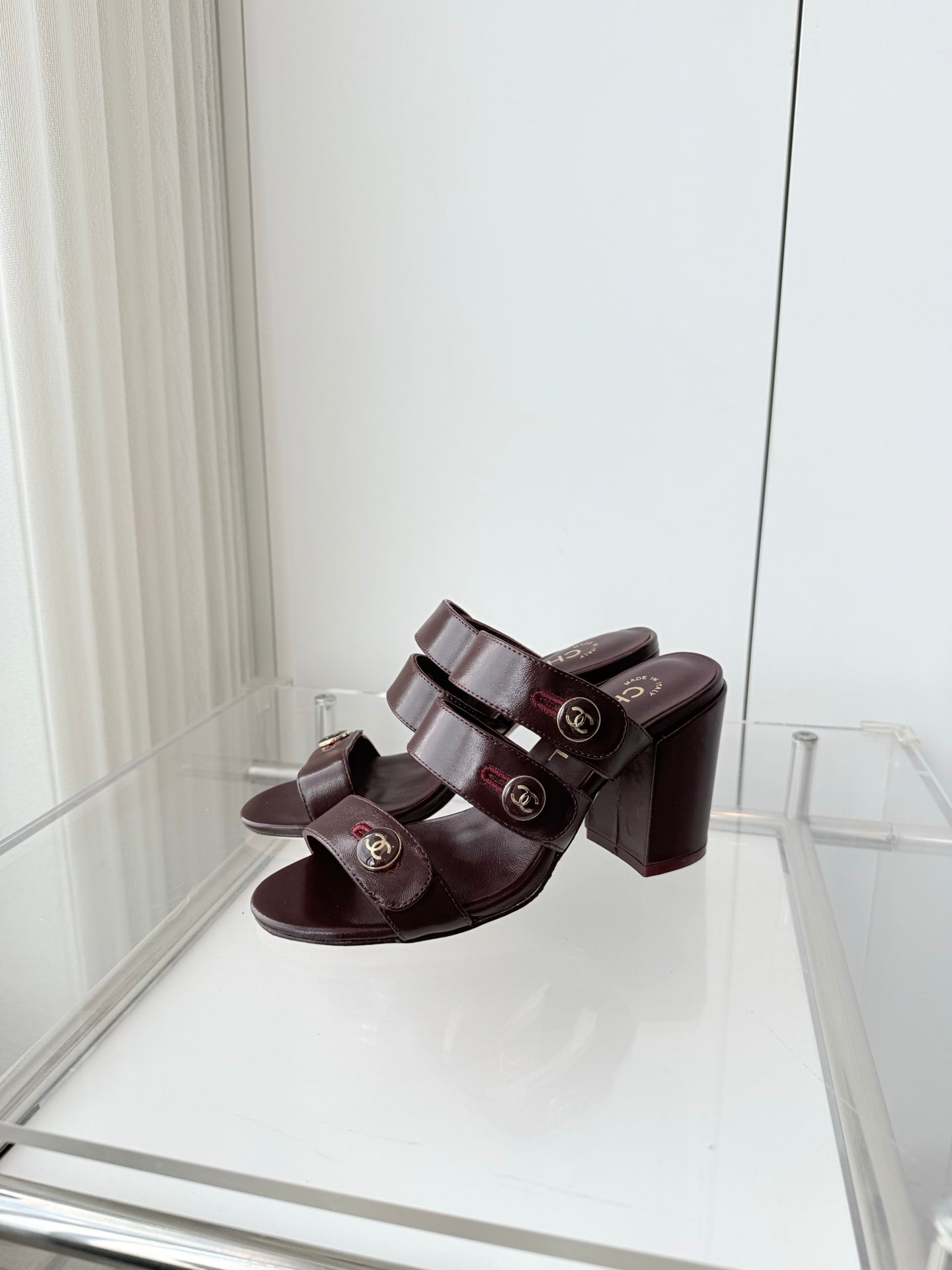 Chanel 26 Turnlock 85 Burgundy Sandal Mule in Lambskin 597393