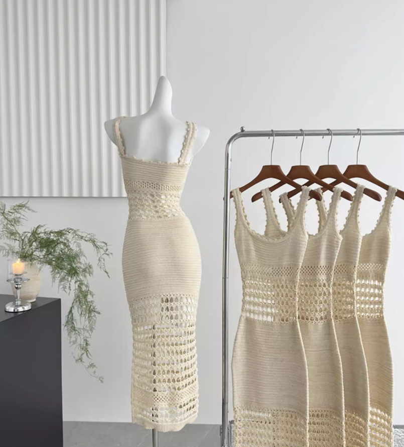 Bright silk knitted sexy hollow long skirt hip-wrapped fine glitter suspender dress for women R0286