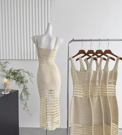 Bright silk knitted sexy hollow long skirt hip-wrapped fine glitter suspender dress for women R0286