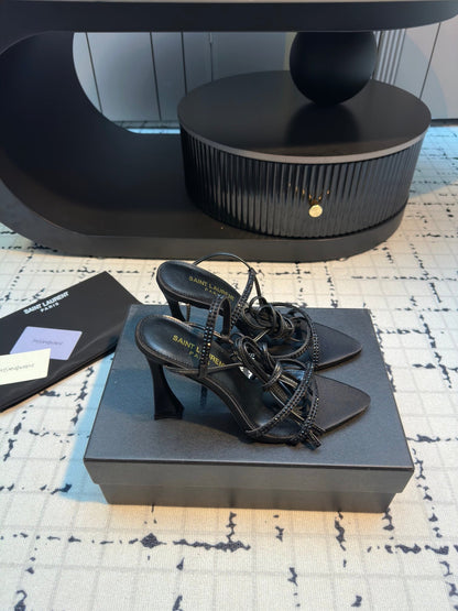 HIGH HEEL SANDALS WITH SHINY RHINESTONES STRAP IN BLACK SILK