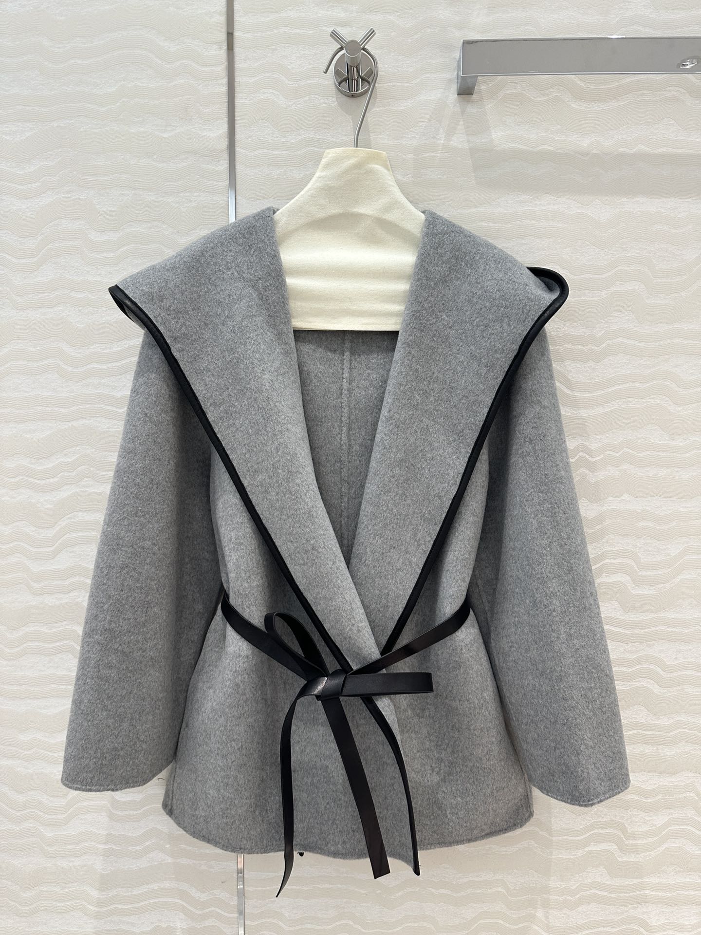 BV Hooded Leather Belt Coat in Gray Cashmere