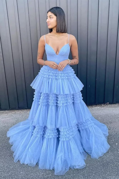 Spaghetti Straps V-Neck Layers Formal Party Prom Dresses