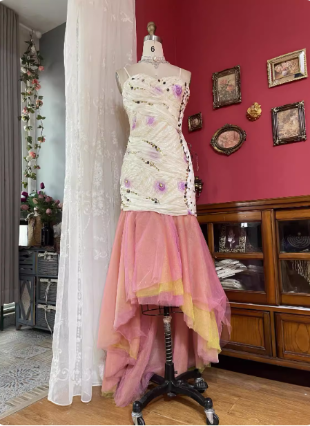 Sweet White & Pink Spaghetti Strap Rhinestone Pleated Tulle Long Prom Dress Evening Dress P4720